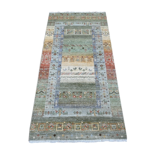 Hunder Green With Iceberg Blue Border, Hand Knotted Pure Wool, Vegetable Dyes, Fine Kashkuli Gabbeh Collection With Small Animals Figurines, Short Runner Oriental Rug
