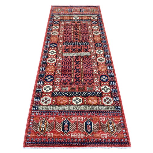 Indian Red, Hand Knotted Afghan Hutchlu Design, Vegetable Dyes, Denser Weave, Extra Soft Wool, Reimagined, Runner Oriental Rug