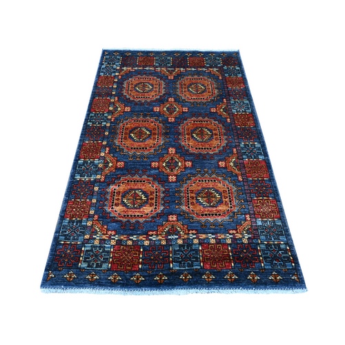 Dark Sapphire Blue, Natural Dyes, Hand Knotted, Shiny Wool, Reinvented Classic Afghan Ersari with Elephant Feet Design, Vibrant Colors, Oriental Rug