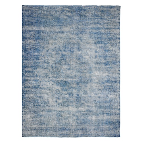 Mavericks Blue, Distressed Vintage Persian Kerman, Cropped Thin, Organic Wool, Worn Pile, Hand Knotted, Sides And Ends Secured Professionally, Overdyed, Broken Design, Oriental 