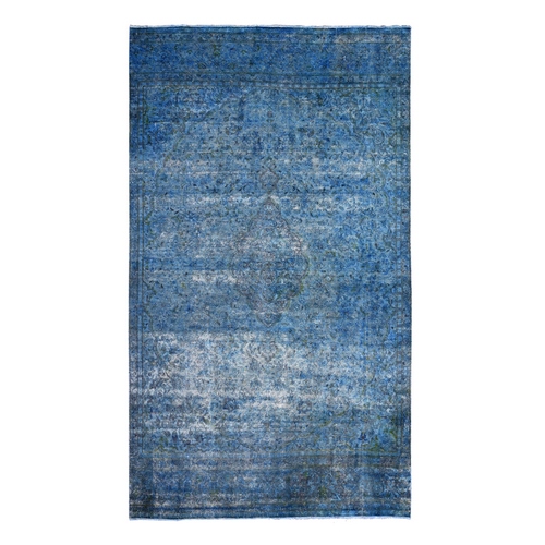 Cobalt Blue, Sides And Ends Secured Professionally, Sheared Down, Soft And Shiny Wool, Hand Knotted, Overdyed, Erased, Vintage Persian Kerman, Long Gallery Size Oriental 