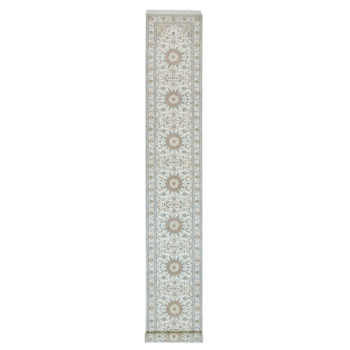 Powder White, Nain with Center Medallion Flower Design, 250 KPSI, Extra Soft Wool, Hand Knotted, XL Runner Oriental Rug