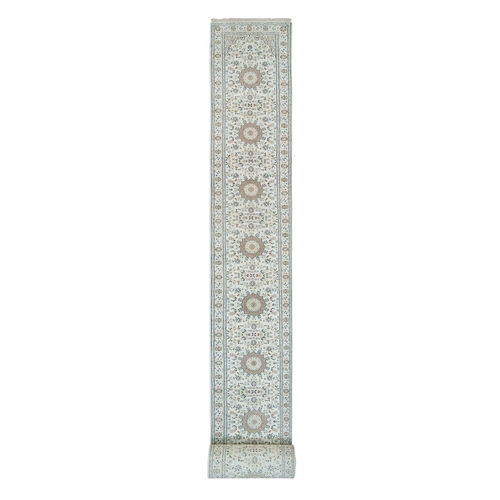 Powder White, Hand Knotted, Nain with Center Medallion Flower Design, 250 KPSI, Soft Wool, XL Runner Oriental Rug