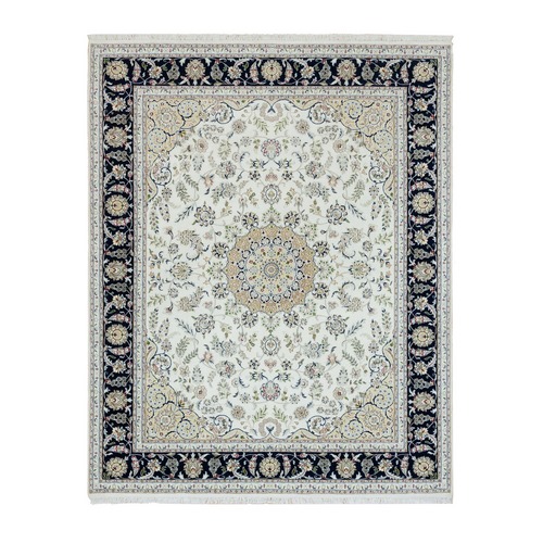 Powder White, Hand Knotted, Nain with Center Medallion Flower Design, 250 KPSI, Extra Soft Wool, Oriental Rug