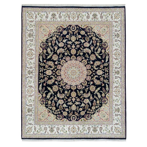Midnight Blue, Hand Knotted, Nain with Center Medallion Flower Design, 250 KPSI, Soft Wool, Oriental Rug