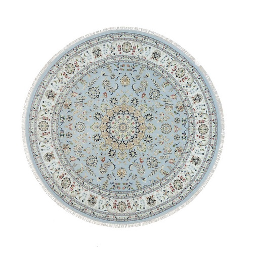 Beau Blue, Nain with Center Medallion Flower Design, 250 KPSI, Organic Wool, Hand Knotted, Round Oriental Rug