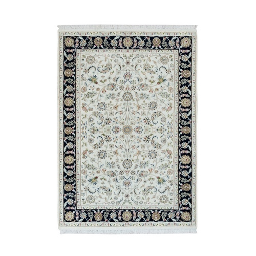 Powder White, Nain with All Over Flower Design, 250 KPSI, Pure Wool, Hand Knotted, Oriental Rug