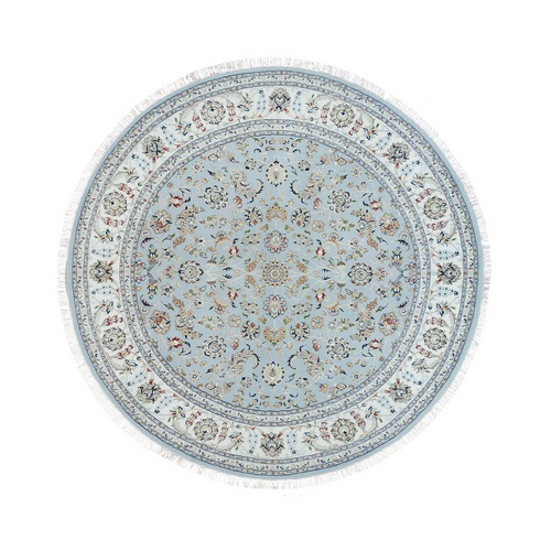 Beau Blue, 250 KPSI, Extra Soft Wool, Hand Knotted, Nain with All Over Flower Design, Round Oriental Rug