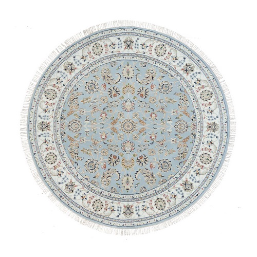 Beau Blue, 250 KPSI, Pure Wool, Hand Knotted, Nain with All Over Flower Design, Round Oriental Rug