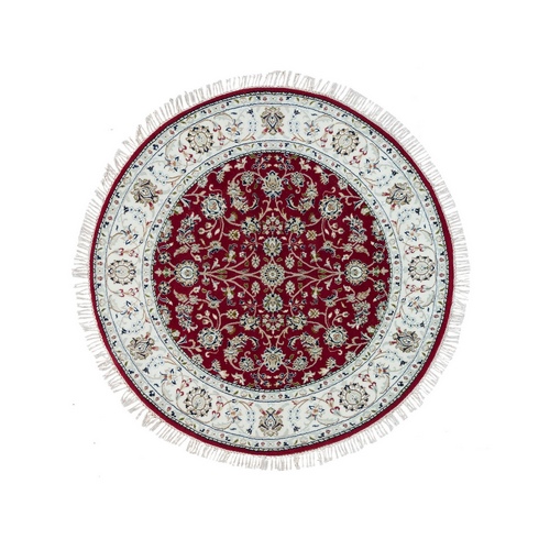 Burgundy Red, Nain with All Over Flower Design, 250 KPSI, Extra Soft Wool, Hand Knotted, Round Oriental Rug