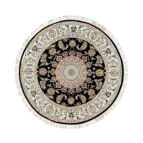 Midnight Blue, Natural Wool, Hand Knotted, Nain with Center Medallion Flower Design, 250 KPSI, Round Oriental Rug