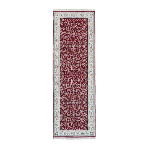 Burgundy Red, Hand Knotted, Nain with All Over Flower Design, 250 KPSI, Organic Wool, Runner Oriental Rug