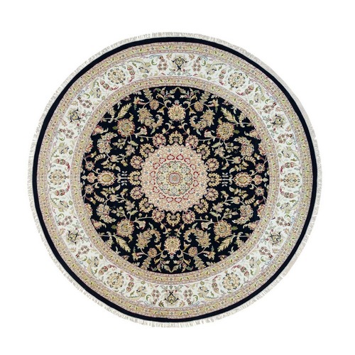 Midnight Blue, 250 KPSI, Extra Soft Wool, Hand Knotted, Nain with Center Medallion Flower Design, Round Oriental Rug