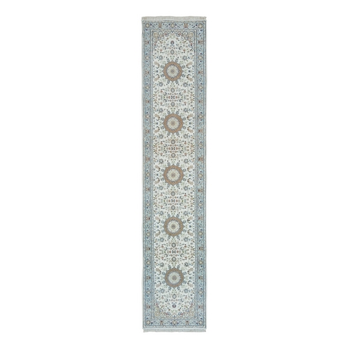 Powder White, Hand Knotted, Nain with Center Medallion Flower Design, 250 KPSI, Organic Wool, Runner Oriental 