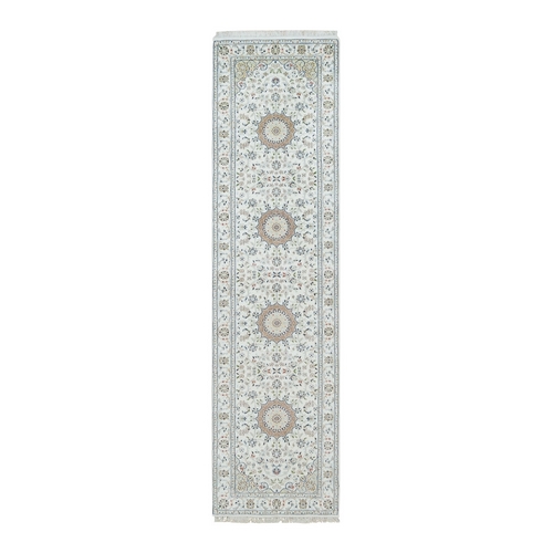 Powder White, Nain with Center Medallion Flower Design, 250 KPSI, Natural Wool, Hand Knotted, Runner Oriental Rug