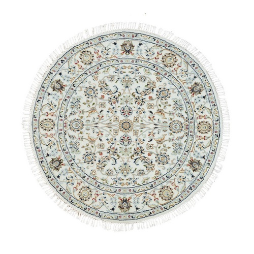 Powder White, Nain with All Over Flower Design, 250 KPSI, 100% Wool, Hand Knotted, Round Oriental Rug