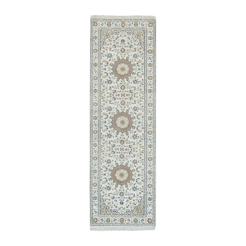 Powder White, Hand Knotted, Nain with Center Medallion Flower Design, 250 KPSI, Natural Wool, Runner Oriental Rug