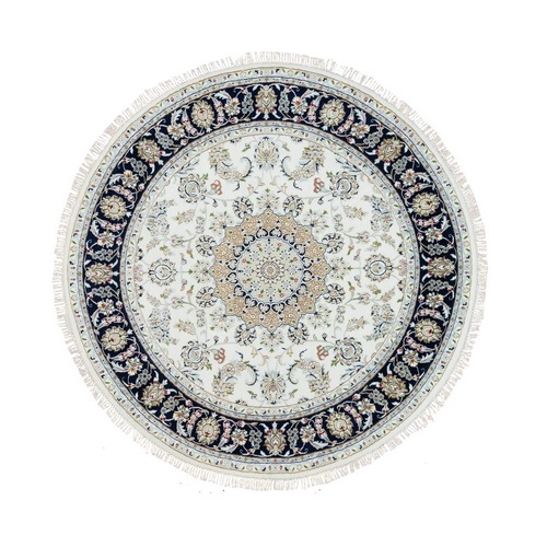 Powder White, 250 KPSI, Organic Wool, Hand Knotted, Nain with Center Medallion Flower Design, Round Oriental Rug