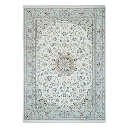 Powder White, 250 KPSI, Pure Wool, Hand Knotted, Nain with Center Medallion Flower Design, Oriental Rug