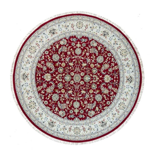 Burgundy Red, Soft Wool, Hand Knotted, Nain with All Over Flower Design, 250 KPSI, Round Oriental Rug