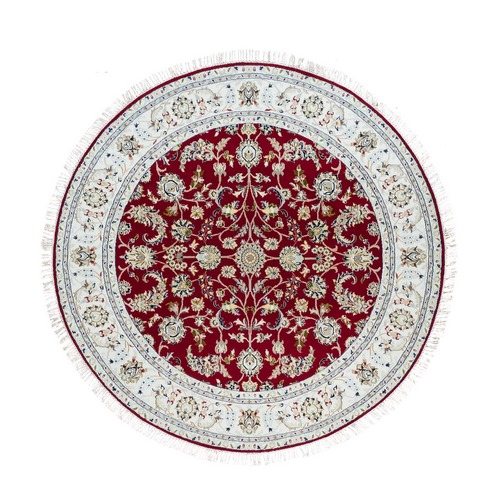 Burgundy Red, 250 KPSI, Organic Wool, Hand Knotted, Nain with All Over Flower Design, Round Oriental Rug