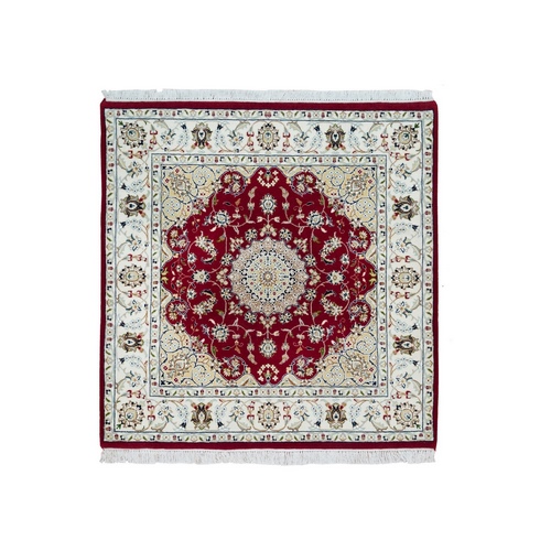 Burgundy Red, Hand Knotted, Nain with Center Medallion Flower Design, 250 KPSI, Natural Wool, Square Oriental Rug