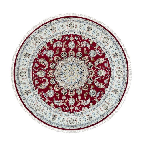 Burgundy Red, Extra Soft Wool, Hand Knotted, Nain with Center Medallion Flower Design, 250 KPSI, Round Oriental Rug