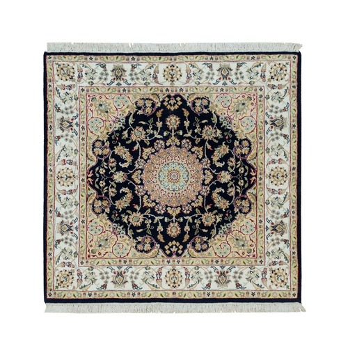 Midnight Blue, 250 KPSI, Extra Soft Wool, Hand Knotted, Nain with Center Medallion Flower Design, Square Oriental Rug