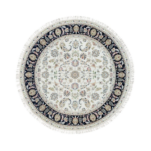 Powder White, Hand Knotted, Nain with All Over Flower Design, 250 KPSI, Soft Wool, Round Oriental Rug