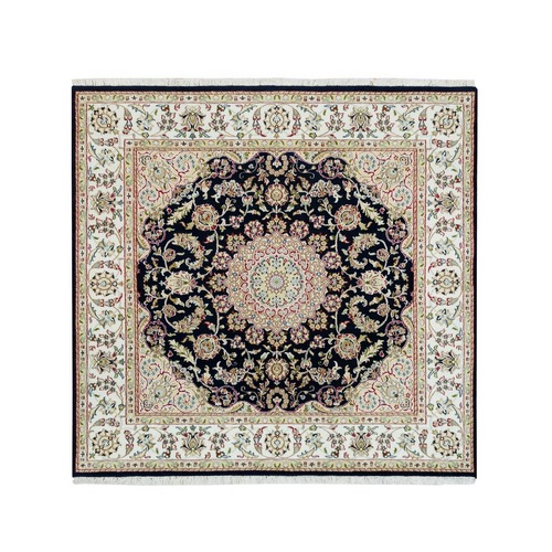 Midnight Blue, 250 KPSI, Natural Wool, Hand Knotted, Nain with Center Medallion Flower Design, Square Oriental Rug