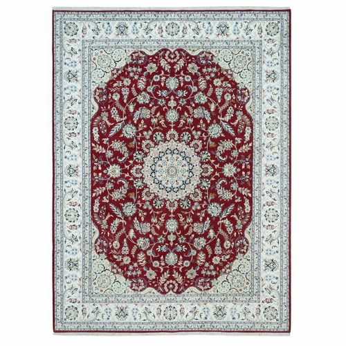 Burgundy Red, Organic Wool, Hand Knotted, Nain with Center Medallion Flower Design, 250 KPSI, Oriental Rug