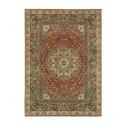 Currant Red with Grayish Brown Corners, Soft Pile, Pure Wool Hand Knotted, Antiqued Tabriz Haji Jalili Design, Natural Dyes, Dense Weave, Oriental Rug