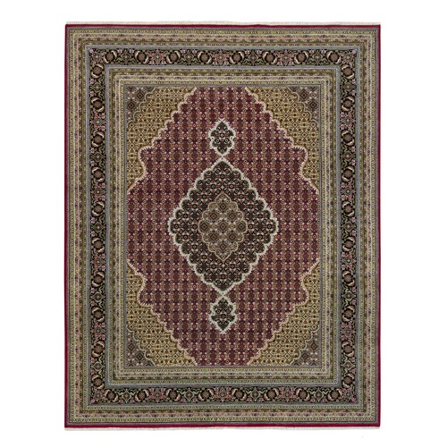 Merlot Red, Green Color Corners, Hand Knotted Tabriz Mahi with Fish Medallion Design, 175 KPSI, 100% Wool, Oriental Rug