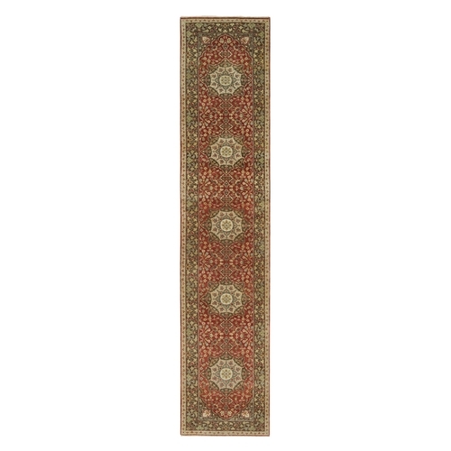 Tuscan Red and Hardwood Brown, Antiqued Tabriz Fine Weave Hand Knotted Haji Jalili Design, Pure Wool, Soft and Plush Pile, Vegetable Dyes, Oriental Runner Rug