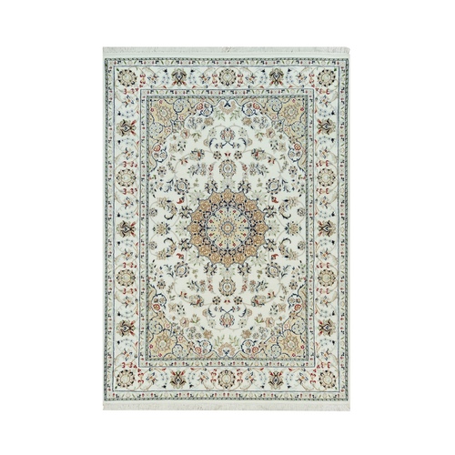 Sugar Swizzle White, Nain with Center Medallion Flower Design, 250 KPSI, 100% Wool, Hand Knotted, Oriental Rug
