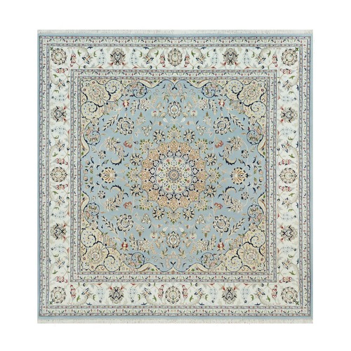 Fox Blue, 250 KPSI, Nain with Floral Pattern, 100% Wool, Hand Knotted, Square Oriental 