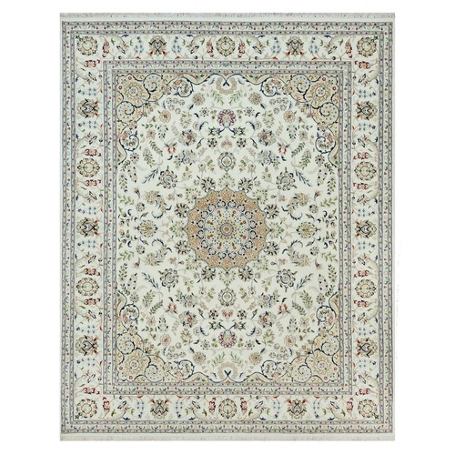 Marshmallow White, 250 KPSI, 100% Wool, Nain with Center Medallion Flower Design, Hand Knotted, Oriental Rug
