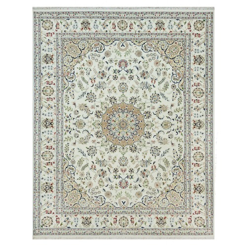 Vivid White, 250 KPSI, 100% Wool, Nain with Center Medallion Flower Design, Hand Knotted, Oriental Rug