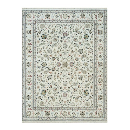 Wheatfield White, 250 KPSI, Wool and Silk, Hand Knotted, Nain with All Over Flower Design, Oriental Rug