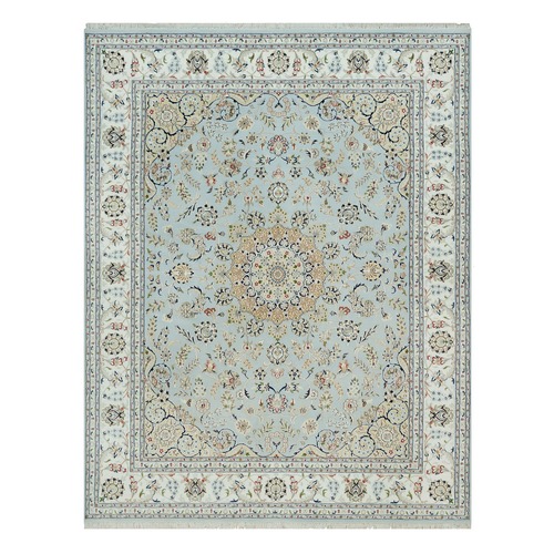 Celeste Blue, 250 KPSI, Nain with Floral Pattern, 100% Wool, Hand Knotted, Square Oriental Rug