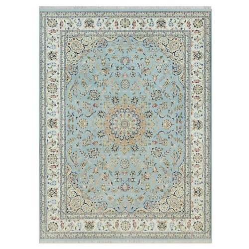 Light Turquoise Blue, Nain with All Over Flower Design, 250 KPSI, 100% Wool, Hand Knotted, Square Oriental Rug