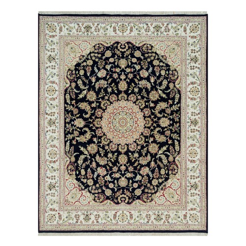 Graphite Blue, Hand Knotted, Nain with Center Medallion Flower Design, 250 KPSI, Wool and Silk, Oriental Rug