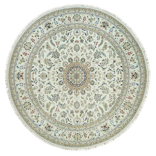 Dove White, Hand Knotted, 250 KPSI, 100% Wool, Nain with Center Medallion Flower Design, Round Oriental Rug