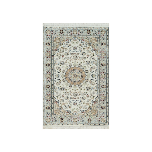 Snow White, Nain with Center Medallion Flower Design, 250 KPSI, 100% Wool, Hand Knotted, Oriental Rug