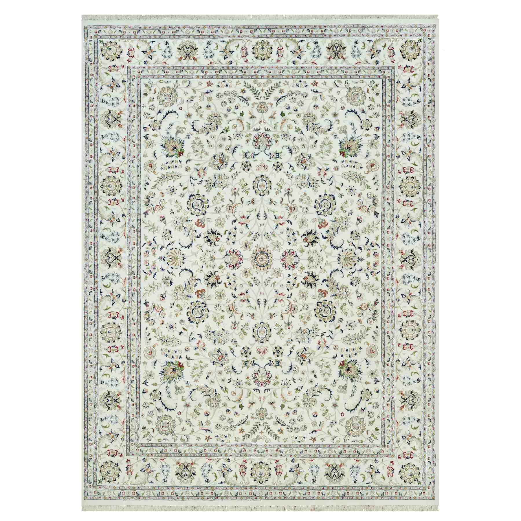 Doive White, Nain with All Over Flower Design, 250 KPSI, 100% Wool, Hand Knotted, Oriental Rug