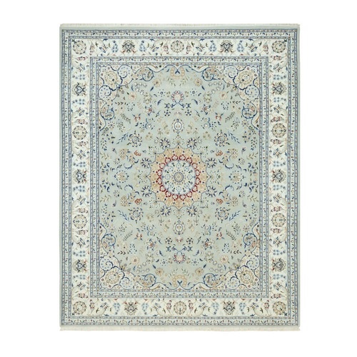 Drizzle Gray, Hand Knotted Nain with Center Medallion Flower Design, Soft Wool, Oriental Rug