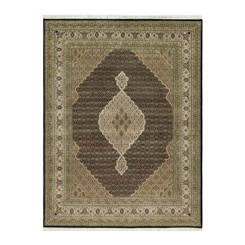 Yacht Club Black with Caramel Mousse Ivory,Wool Hand Knotted, Tabriz Mahi with Fish Medallion Design, Oriental Rug