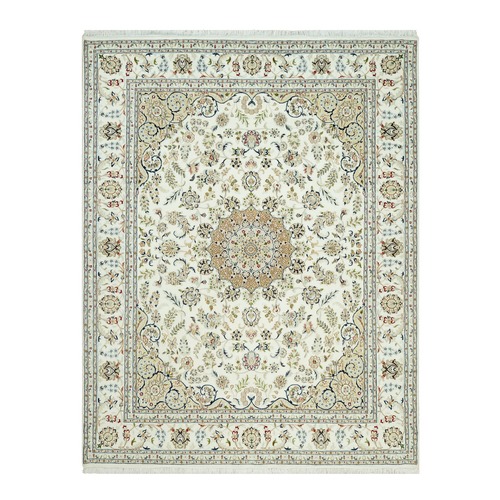 Snowy Pine White With Antique White Corners, 250 KPSI, Denser Weave, Shiny Wool, Nain With Central Medallion Design Surrounded by Floral Motifs, Hand Knotted Oriental Rug