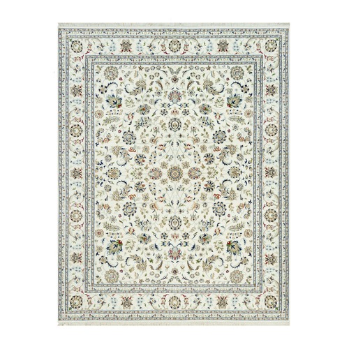 Soft Focus White, Pure Wool Nain Design, All Over Floral Pattern, Hand Knotted 250 KPSI, Oriental 