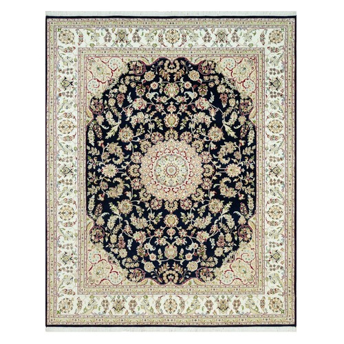 Dark Night Blue, Nain Organic Wool With Large Central Medallion Surrounded By Floral Design, Oriental 250 KPSI Hand Knotted Rug
